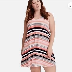 EUC Torrid Striped Sleeveless Dress Womens Size Peach & Gray V-Neck Swing Tank